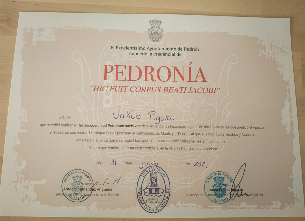 Pedronia - certyfikat za dojście do kościoła św. Jakuba w Padrón