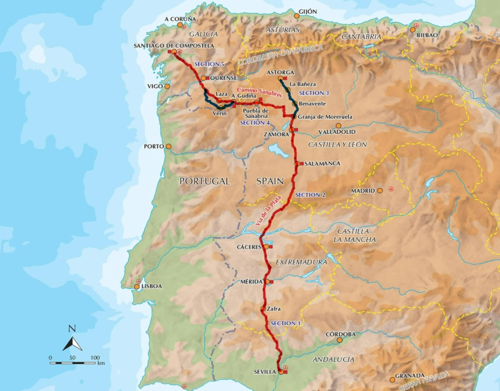 Via de la Plata mapa szlaku Camino z Sevilli